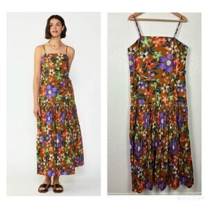 Current Air Floral Pleated Maxi Dress Womens Size Large Brown Boho Cottagecore‎